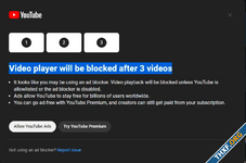 YouTube เริ่มแจ้งเตือนผู้ใช้ที่ใช้มาตรการบล็อก Ads blocker ถ้ายังไม่ปิดจะถูกบล็อกหลังดู 3 คลิป