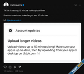 TikTok กำลังทดสอบให้ผู้ใช้งานบางคนอัปโหลดวิดีโอความยาว 15 นาทีได้